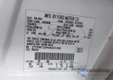 2004 Ford F-150 Lariat/Xlt из США, поврежденный, VIN 1FTPW12594KD31200